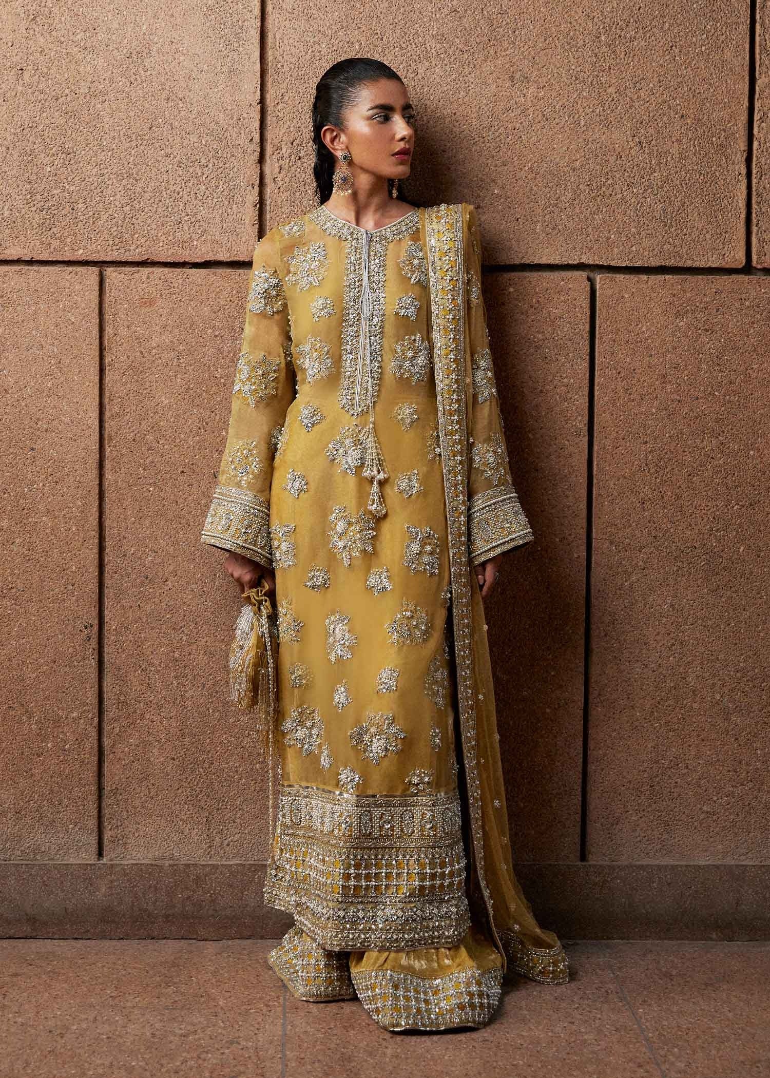 zesty hussain rehar yellow colour dress long shirt with handmade embroidery 