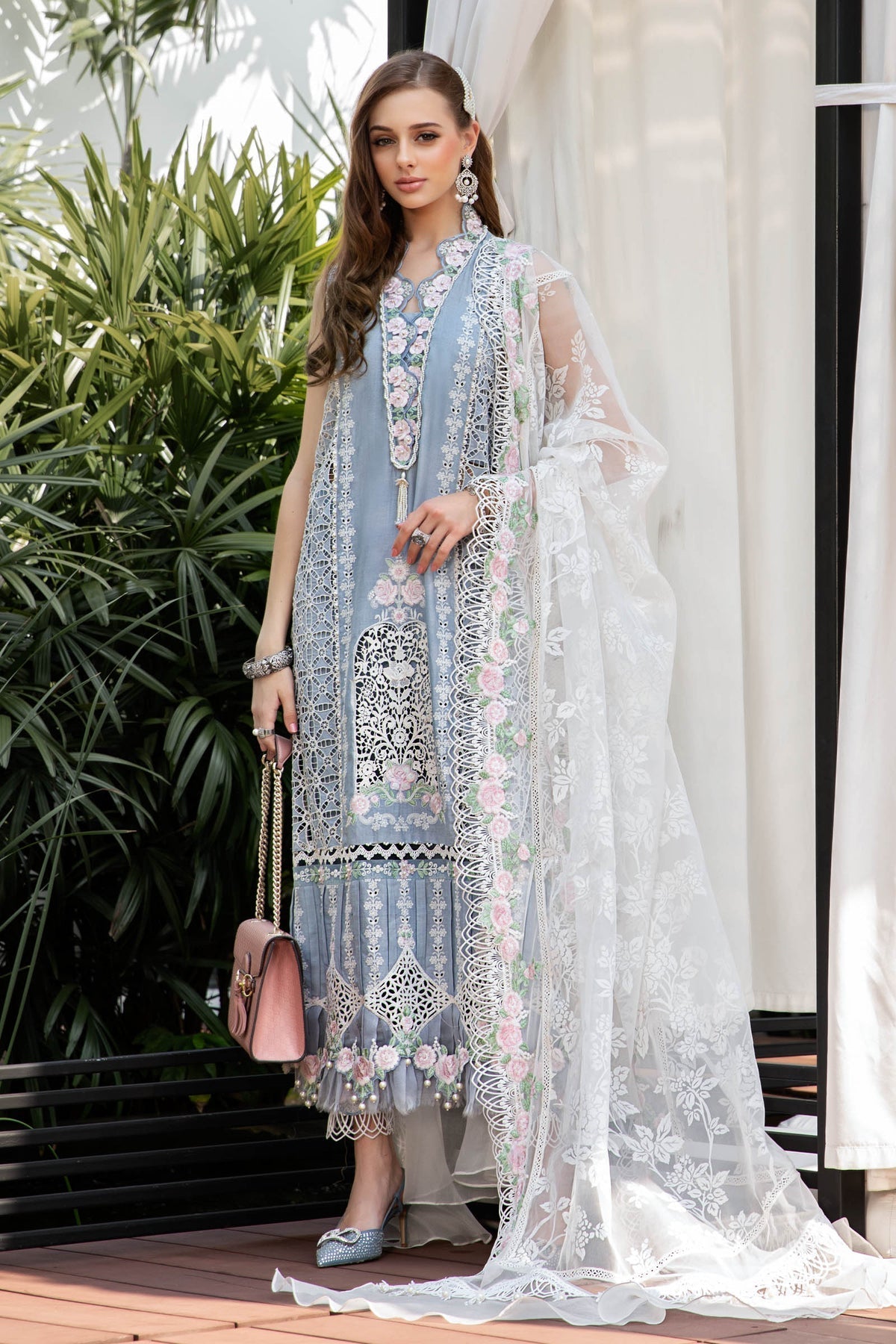 Maria.B Luxury Eid Lawn Unstitched Embroidered 3Pc Suit El-23-10-Ice Blue