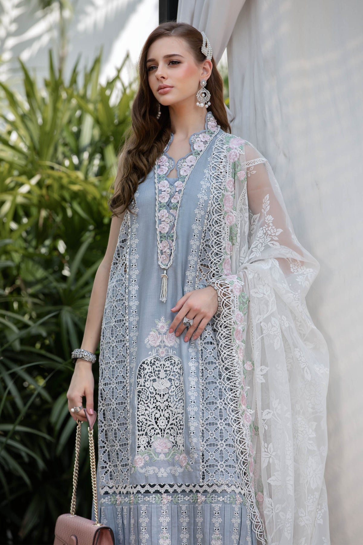 Maria.B Luxury Eid Lawn Unstitched Embroidered 3Pc Suit El-23-10-Ice Blue