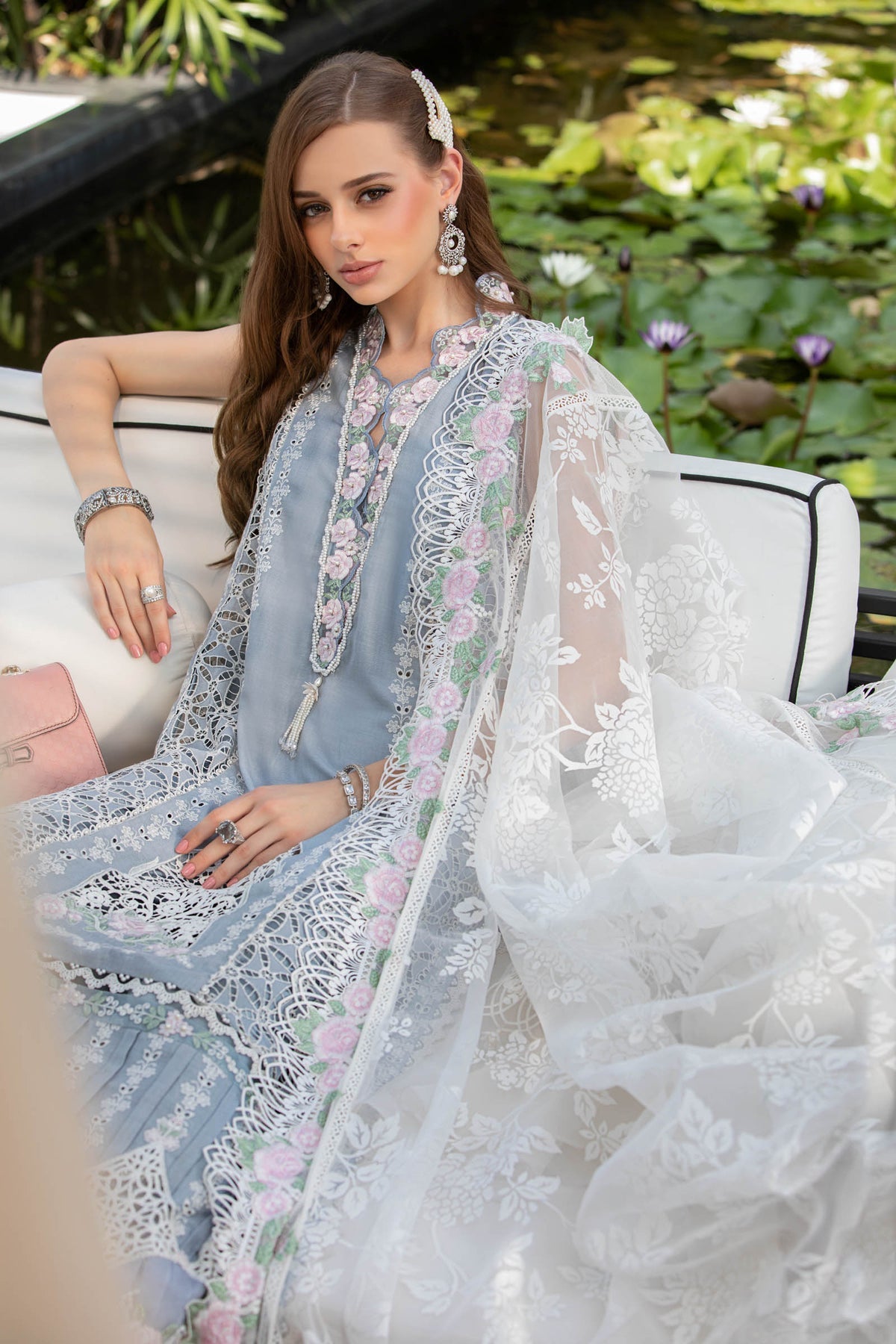 Maria.B Luxury Eid Lawn Unstitched Embroidered 3Pc Suit El-23-10-Ice Blue