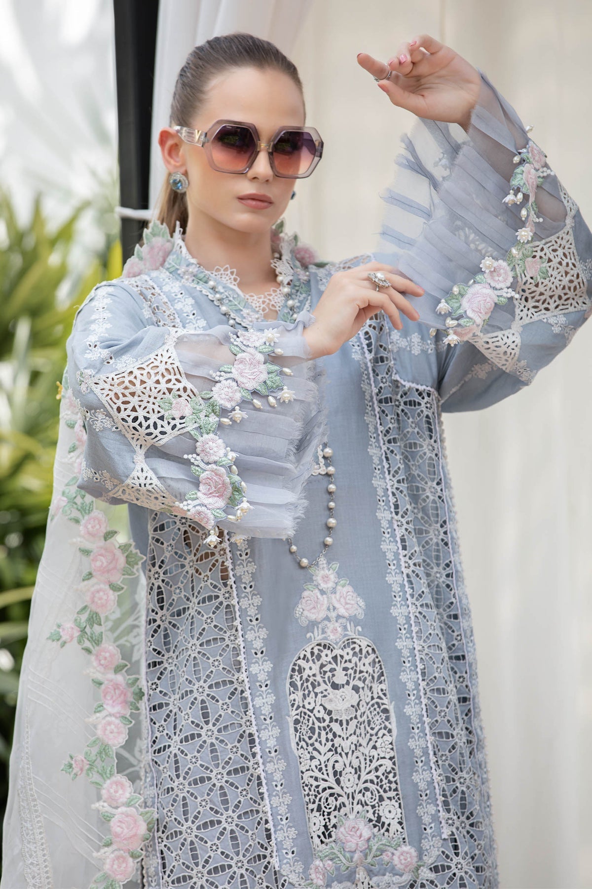 Maria.B Luxury Eid Lawn Unstitched Embroidered 3Pc Suit El-23-10-Ice Blue