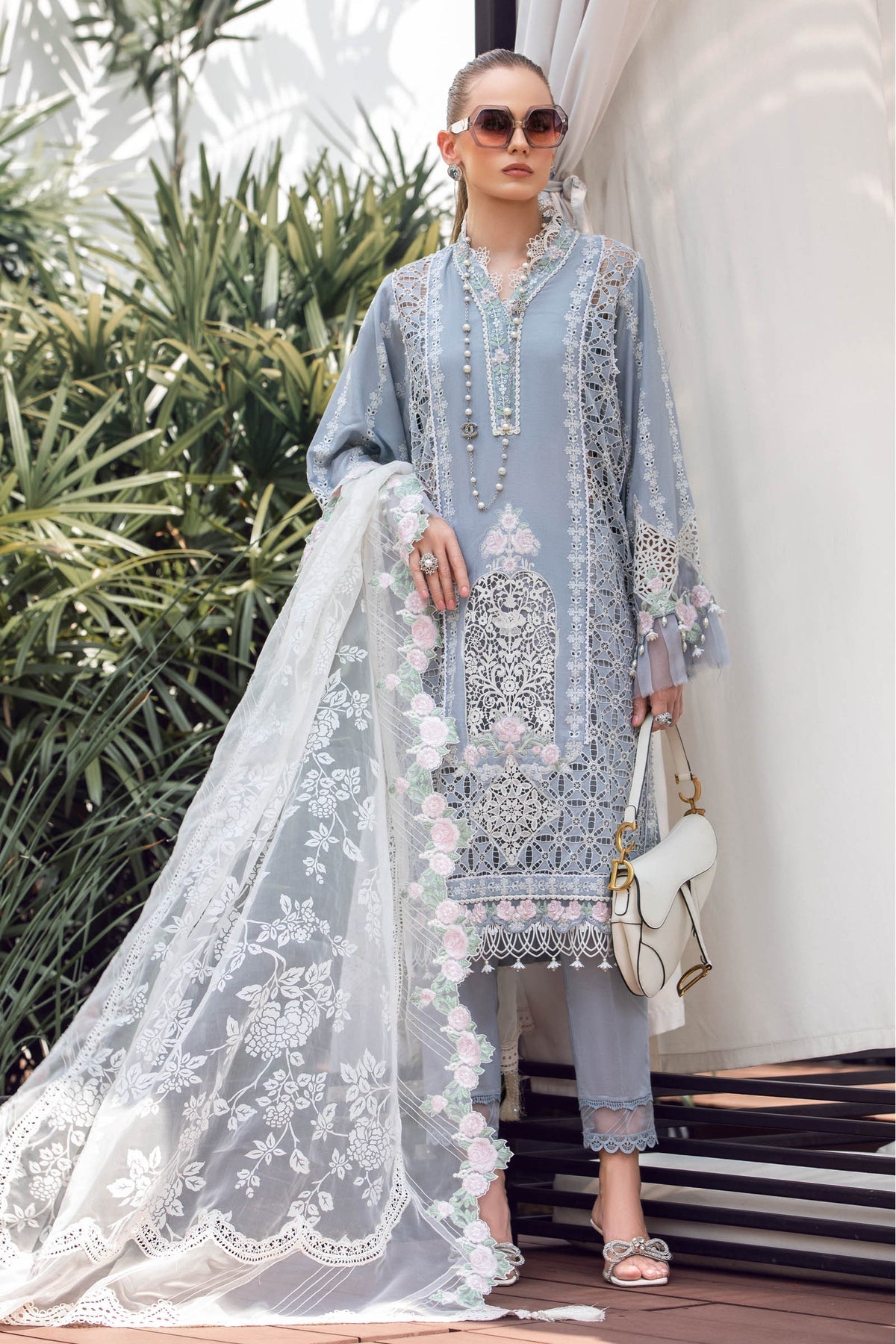 Maria.B Luxury Eid Lawn Unstitched Embroidered 3Pc Suit El-23-10-Ice Blue