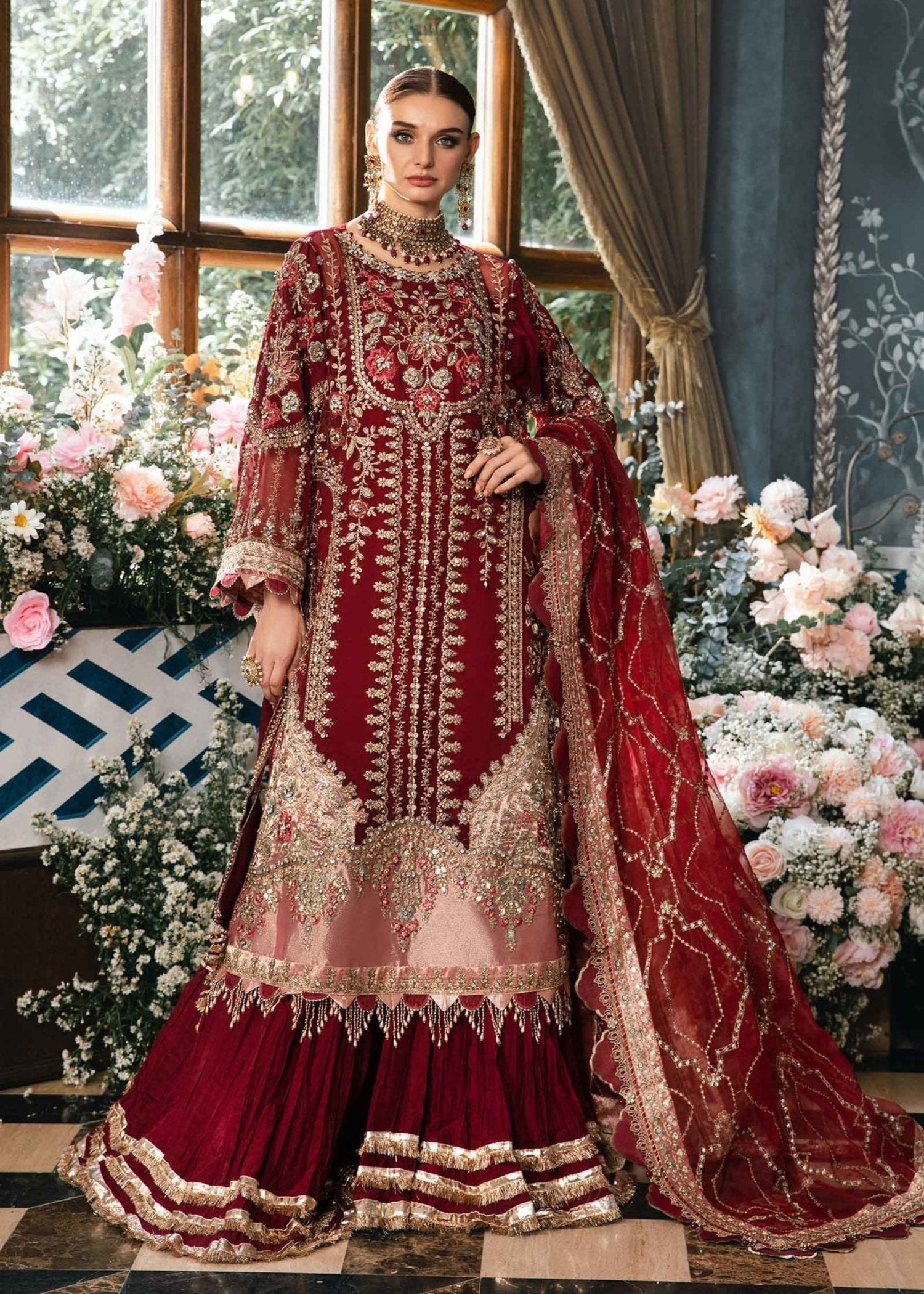 maria b red mbroidered dress embroidered maria b lehnga wedding wear