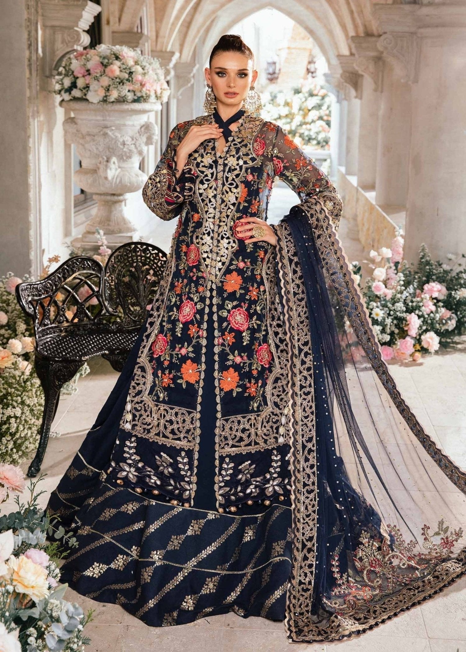 maria b mbroidered blue lehnga handmade embroiderded dress