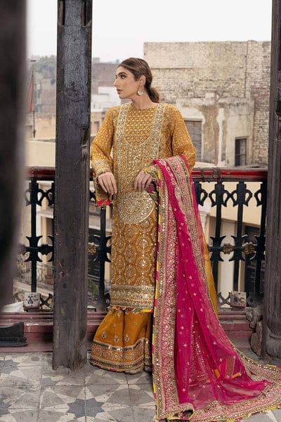 mustard color mehndi dress by Mohsin Naveed ranjha formal wear