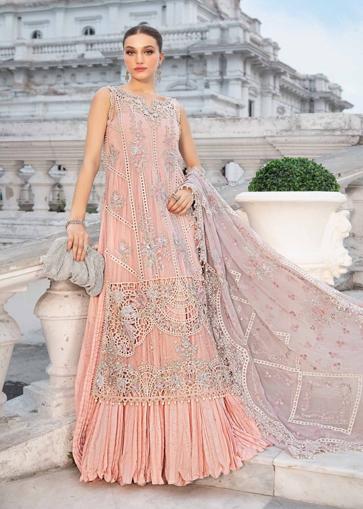 maria b chiffon light pink color dress with handmade embroidered neckline