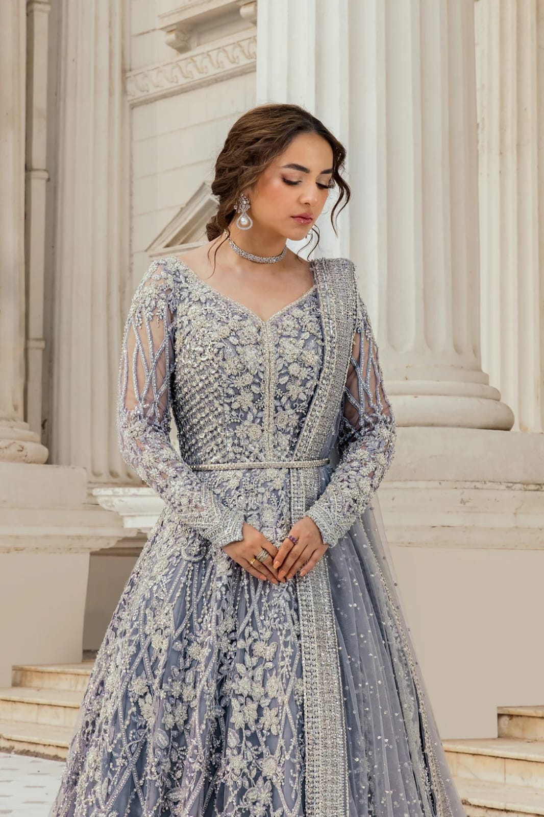 Wedding Festive Net Embroidered Ice Blue Bridal Maxi