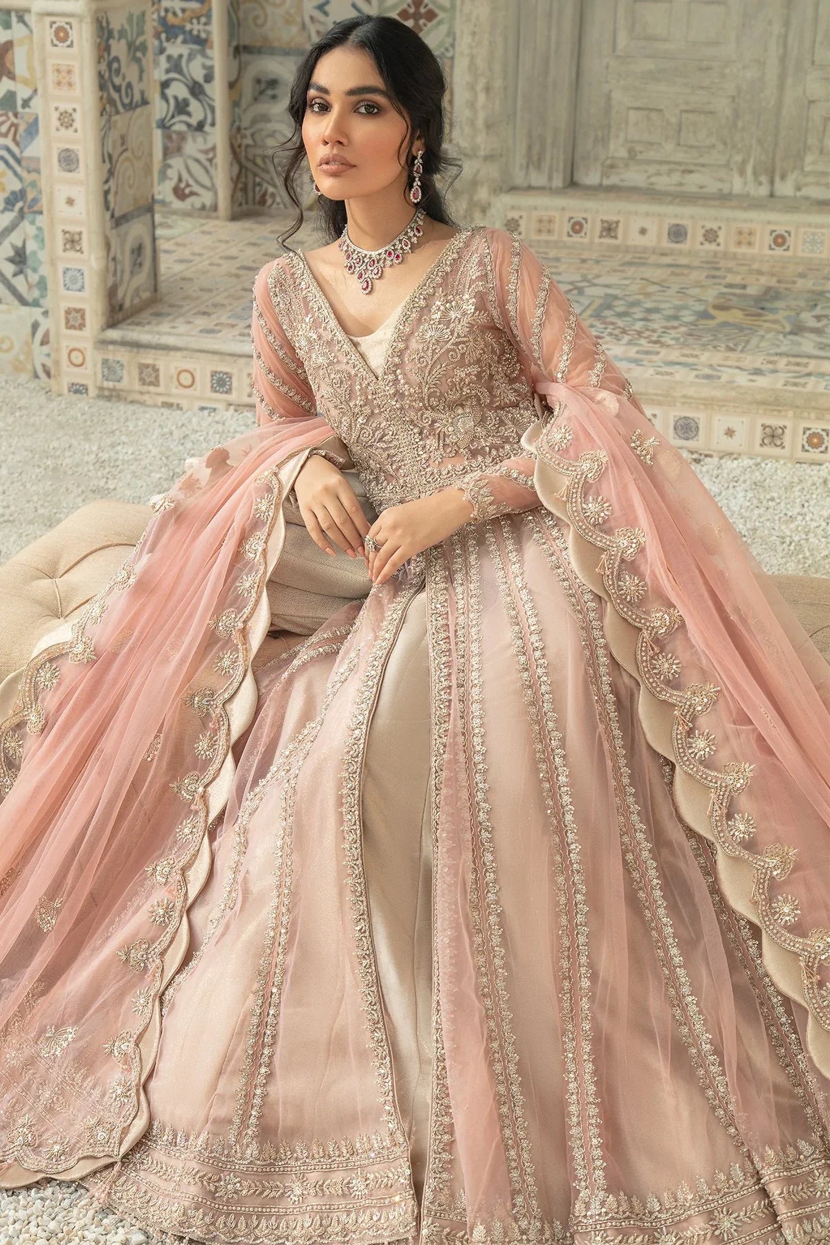 Pink Pakistani Bridal Pishwas With Lehenga Dress