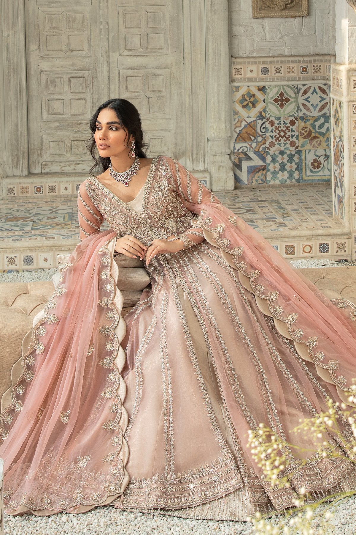 Pink Pakistani Bridal Pishwas With Lehenga Dress