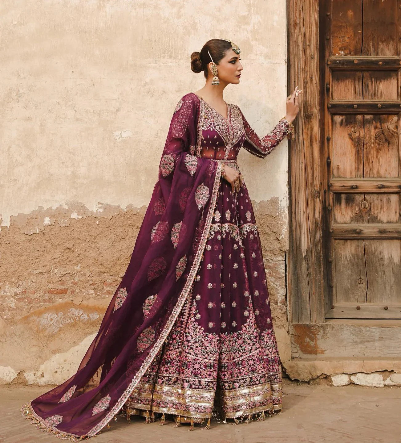 Purple Pakistani Bridal Dress In Pishwas Frock Style