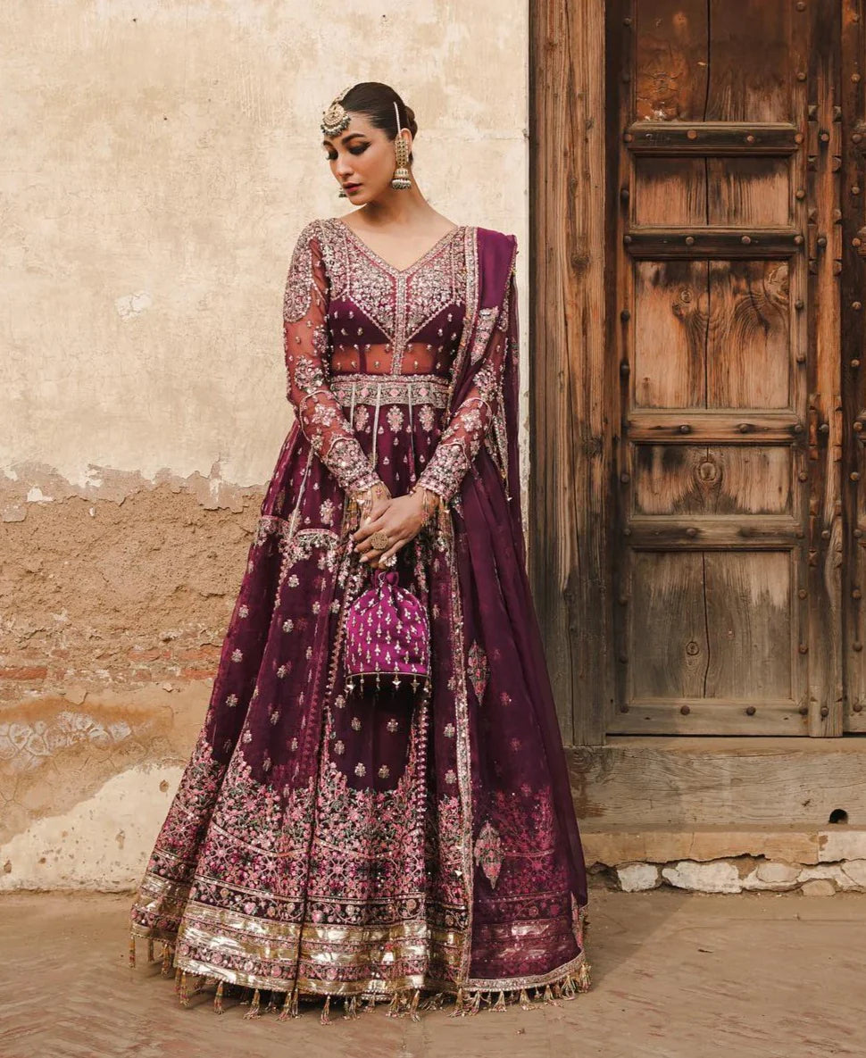 Purple Pakistani Bridal Dress In Pishwas Frock Style