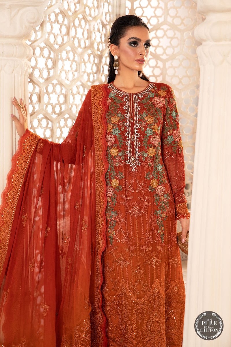 Unstitched Chiffon - MPC-22-205-Burnt Orange and Rust